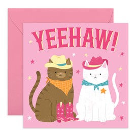 CENTRAL 23 Cowgirl & Cowboys Birthday Card Cute Cats - 'Cowboy Cats Yeehaw' - Gifts for Friends, Wife, Husband, Him, Her, Siblings, Sis, Family, Bestie, BFF - Boots and Hat - Comes with Fun Stickers