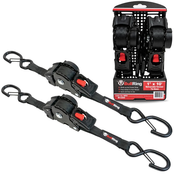 Bull Ring Retractable Ratchet Tie Down Straps – Includes (2)