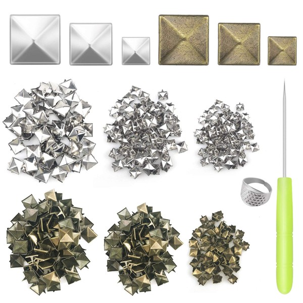600 Pieces Pyramid Square Rivets 8/12/15 mm Leather Lace Rivets Punk Head Nail Head Rivets for Bag Belt Clothing Shoes DIY Projects with Hole Awl and Thimble (Bronze, Silver)