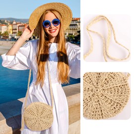 Minicloss Straw Shoulder Bag for Women, Beach Round Straw Crossbody Bag with Tassel, Woven Handmade Handbag with Zip, Summer Beach Straw Handbags with Bohemian Purse, beige, S