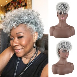 CINHOO Afro Puff Hair Bun Ponytail With Bangs Gray Mohawk Wigs for Black Women Synthetic Jerry Curly Fauxhawks Pony Tail Clip in on Ponytails for Women Hair Extensions with six Clips(T1B/gray)