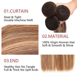 CYIKLI Highlight Bundles Human Hair P4/27 Human Hair Bundles 24 Inch Honey Blonde Human Hair Bundles Colored 1 Bundle Straight Ombre Human Hair Bundle Double Weft Human Hair Extensions For Black Women