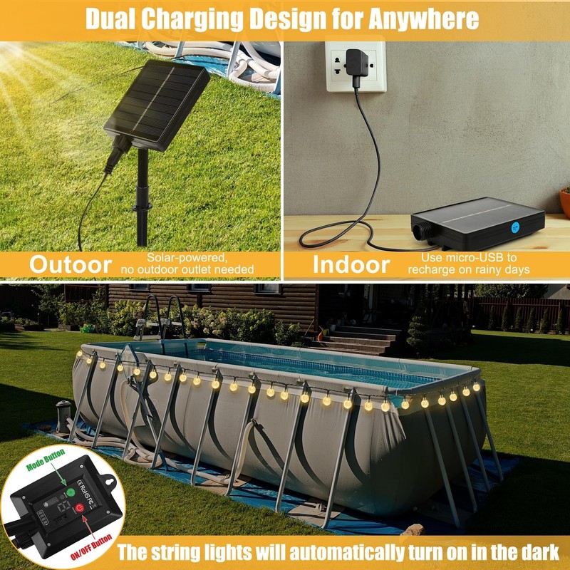 Hahood 72 Ft Solar Pool String Lights for Above Ground
