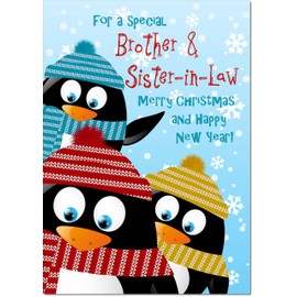 doodlecards Brother and Sister in Law Christmas Card Three Penquins Medium Size Christmas Card for Brother & Sister-in-Law with Plain Envelope