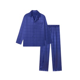JupiterSecret Men's Silk Pajamas Set Long Sleeve Button-Down Sleepwear With Pockets Blue