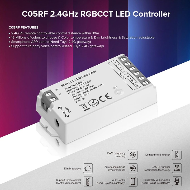 SEZO 2.4G RF RGBCCT LED Controller Kit C05RF Controller and