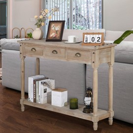 Wnutrees Farmhouse Console Table with 3 Drawers, 46" Long Narrow Boho Sofa Foyer Table with Large Storage Space, Solid Wood Frame and Legs for Entryway, Hallway, Living Room, Natural