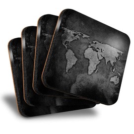 Destination Vinyl ltd Great Coasters (Set of 4) Square - BW - World Map Earth Travel Drink Glossy Coasters/Tabletop Protection for Any Table Type #39592