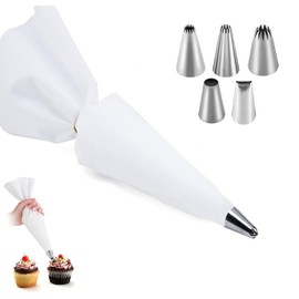 Icing Bag Set, 6 Pieces Professional Piping Bag Reusable Set, Stainless Steel Piping Nozzles, Cotton Piping Bag, Piping Bag with Nozzles, for Cakes, Baking, Cookie Decoration