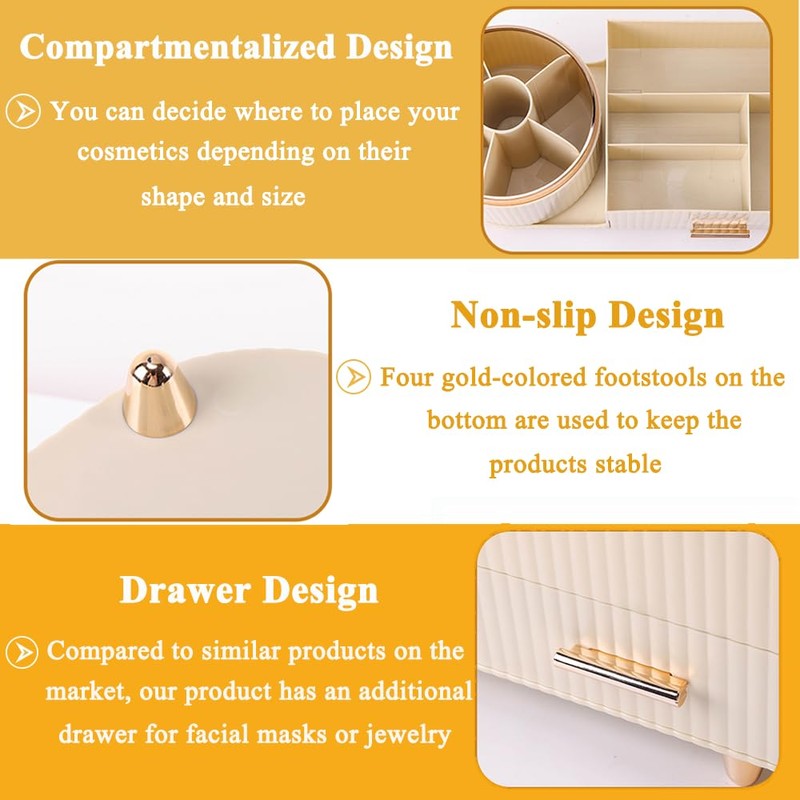 Growsun Makeup Organizer Countertop with Drawers 360 Rotating Makeup Brush