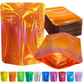 YINGZON 100 Pack Premium Smell Proof Mylar Bags, Resealable Food Storage Bags with Double-sided Holographic Printing, 4.7" x 3.5" Aluminum Foil Stand-up Packaging Bags.(Orange)