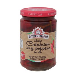 Delizie Di Calabria Whole Calabrian Long Peppers in Oil - Italian Hot Chilies Soaked in White Wine Vinegar & Sunflower Oil - Authentic Italian Gourmet Seasoning for Pizza, Pasta, Rice & Bread Recipes, 9.87 oz