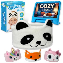 Toddler Headphones Wireless for 2+ Year Old Girl & Boy - Kids Headband Headphone for Plane – Volume Safe Earphones - Wired Adapter & Travel Bag for School Home Car - Cozy Storytime - Panda (Patches)