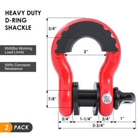 KATSU Tools 2PK 3/4" D-Ring Shackle 4.75 Ton (9500 lbs) Capacity Heavy Duty Galvanized Towing Shackles, Use with Tow Strap or Winch Rope for 4x4 Off-Road Recovery, Red