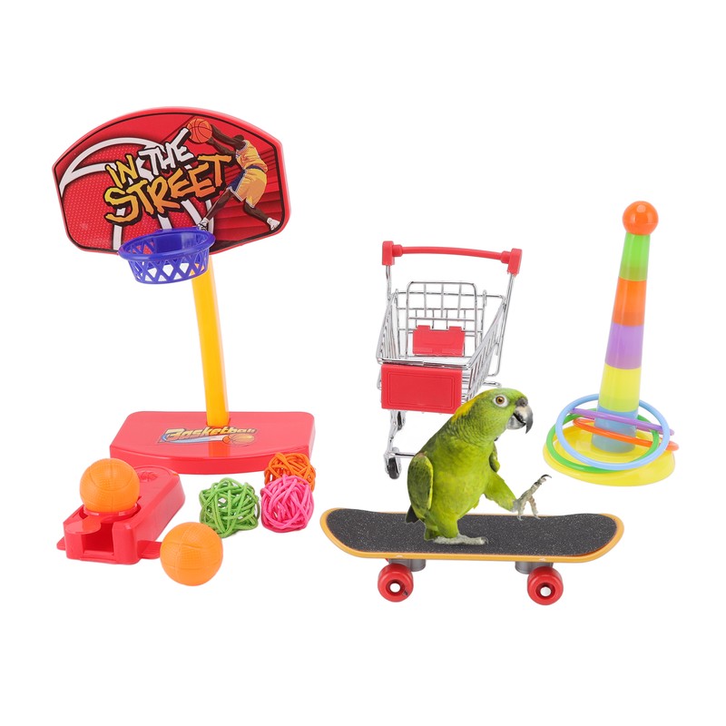 4pcs Bird Training Toys Interactive Fun Basketball Skateboard Trolley Parrot