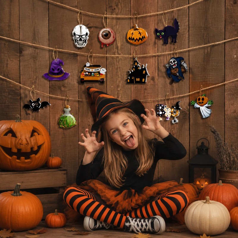 24 Halloween Tree Decorations, Paper Hanging Ornaments with Hanging Twine