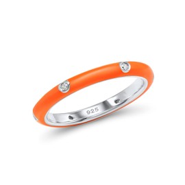 Santuzza Stackable Enamel Ring 925 Sterling Silver Stacking Cubic Zirconia Eternity Colorful Rainbow Band Rings (Small, Orange, 6)