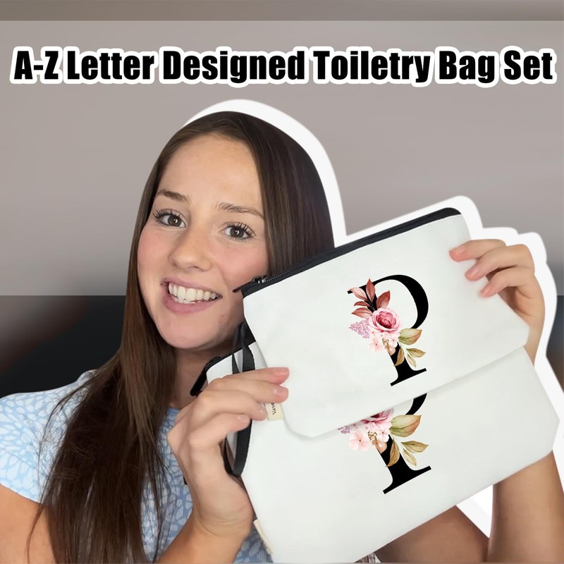 Vavabox 2 Pcs Initial Makeup Bag Set,Birthday Gifts for Women,Ideal