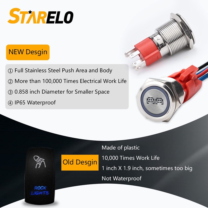 STARELO 10Amp Latching Push Button Switch, Rear Lights, 12V 24VDC