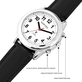 MAUJOY German Men's Talking Watch Leather Strap Silver Blind Watch Radio, Style 1, Classic