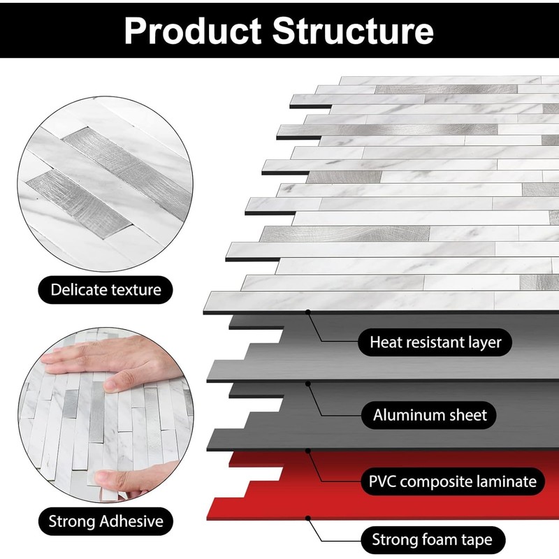 KASARO Peel and Stick Marble Backsplash Tile, 10 Sheets, White