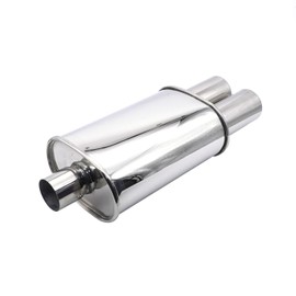 Vechkom Exhaust Muffler Y Pipe 3" (76MM) Single Inlet/ 3" (76MM) Dual Outlet Silver Stainless Steel Car Silencer 11.8 Inch (300MM) Oval Body Length Exhaust Back Box Twin Tips Welded Turbo Muffler