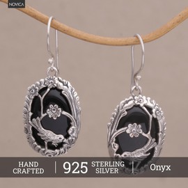 NOVICA Artisan Handmade Onyx Dangle Earrings 925 Silver Birdthemed from Bali Sterling Indonesia Nature Floral Birthstone [1.5 in H x 0.7 in W x 0.2 in D] ' Avian Curiosity'