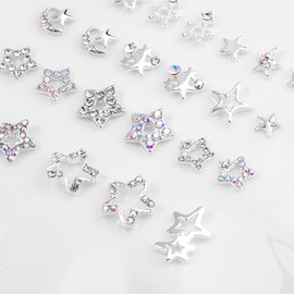 DANNEASY 24pcs Star Nail Charms 3d Silver Flat-back Nail Rhinestones Crystal Hollow Nail Studs Charms for Nails Alloy Nail Jewels Nail Art Decoration Acrylic Nails Accessories