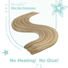 YoungSee Wire Hair Extensions Invisible Wire Human Hair Extensions Blonde Highlights Hairpiece Golden Blonde Highlighted Dark Ash Blonde Wire Hair Extensions Real Human Hair 20Inch 100G