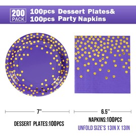 Purple and Gold Paper Plates and Napkins 200Pack-100 x 7'' Dessert plates & 100 x 6.5'' Napkins,Purple Paper Plates for Appetizers,Cakes and Salads,for Birthdays,Graduation,Bridal Parties,Carnival