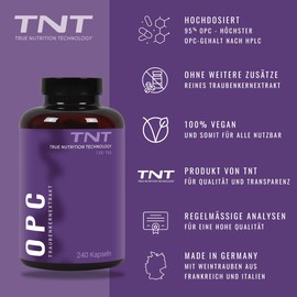 TNT OPC (240 vegane Kapseln) • Traubenkernextrakt hochdosiert • 600mg Traubenkernextrakt davon 570mg oligomere Proanthocyanidine pro Kapsel • 8 Monatsvorrat • 95% reines OPC