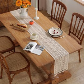 meioro Table Runner Cotton 26x120cm Table Center Crochet Elegant Stylish Vintage Table Mat Solid Nordic Law Polyester Bohemian Tablecloth Tassel Cotton Fringe Decor Event Party Dining Room (Beige C)