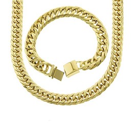 Bling Bling NY Solid 14k Yellow Gold Finsh Stainless Steel 13mm Thick Miami Cuban Link Chain Necklace & Bracelet Set 24''