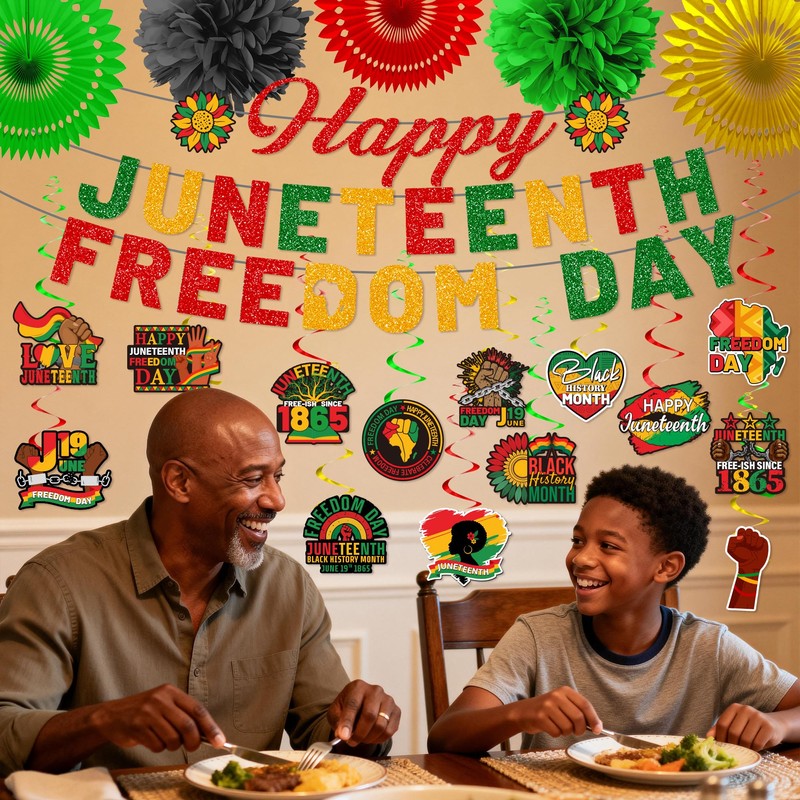 Juneteenth Decorations Set, Pre-strung Glitter Happy Juneteenth Banner Freedom Day