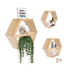 Comfify Rustic Wall Mounted Hexagonal Floating Shelves – Set of 3 Honeycomb Shelves – Screws and Anchors Included - Farmhouse Decor – Honeycomb Wall Décor - Natural