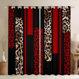 Leopard Print Window Curtains,Abstract Wlid Cheetah Skin Rustic Window Drapes for Girls Women,Geometric Stripes Patchwork Fashion Red Brown Window Treatments Grommet Top 2 Panel Set,52Wx84L inch