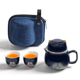 DEARART Tea Cup Portable Set with Strainer Infuser and Lid, 10.8oz Tea Mug and 2-Cups, Wide Mouth Easy to Clean Keep Tea Hot, Steeping Loose Leaf Tea Bag Personal Tea Cup, Cute Cat, Dark Blue