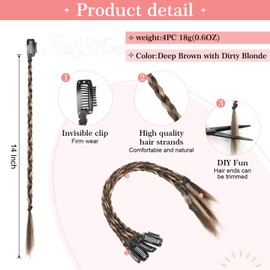 Flufymooz 4PC Braid in Hair Extension 14 Inch Clip in Braid Extensions for Women Synthetic Hairpieces for Daily Use Party Styling (Deep Brown with Dirty Blonde)