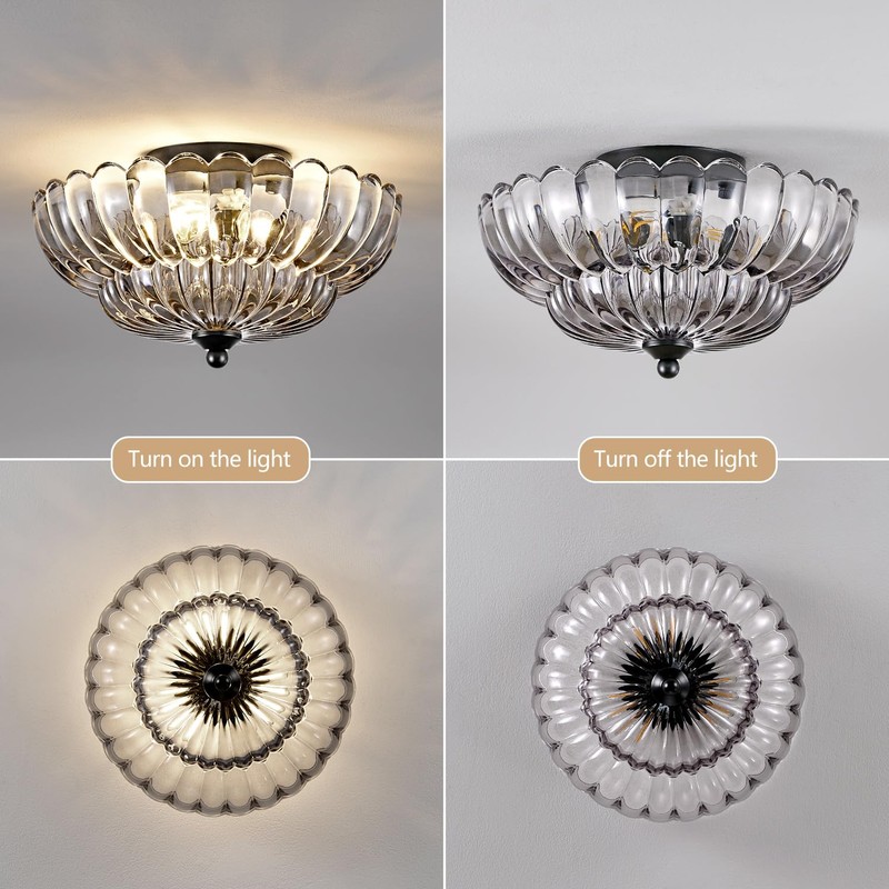 Modern Black Ceiling Light Fixture, 12" Clear Glass Flush Mount