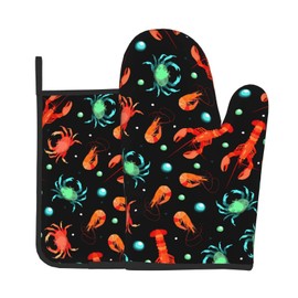 Oplp Lobster Crab Shrimp and Bubbles Oven Mitts and Pot Holders Marine Animals on Black Background Heat Resistant Oven Mitts Safe for Baking Cooking BBQ