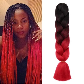 Benehair Ombre Braiding Hair 1 Bundle 24inch Jumbo Braiding Hair Extensions High Temperature Synthetic Braid Hair Braiding Hair Pre Stretched Braid Extensions (Black+Wine Red+Red)
