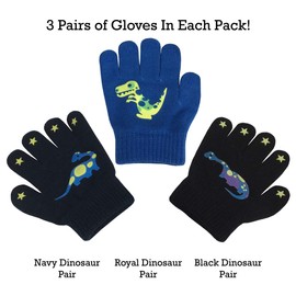 N'Ice Caps Boys Magic Stretch Gloves 3 Pair Pack Assortment (3-5 Years, Dino - Yellow/Royal/Black)