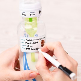 Mabel’s Labels Baby Bottle Labels – 24 Customizable Write-and-Wipe Name Labels for Daycare, Milk Storage & Bottles – Reusable, Dishwasher, Sterilizer & Microwave Safe