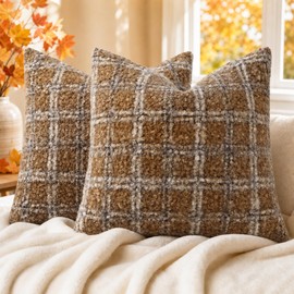 Faux Fur Plaid Throw Pillow Covers 18X18 Set of 2 Light Brown