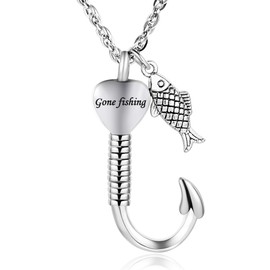 Fishing Hook Urn Necklace for Ashes for Men Memorial Pendant Ashes Necklaces Keepsake Pendant Fish Hook Cremation Jewellery Bereavement Gift (Silver)