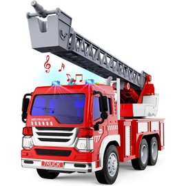 LESUNTINGY Fire Engine Toys, Large Fire Truck with Lights Sound Rescue Ladder, Friction Powered Large Toy Firetruck, Kids Big Trucks, Brithday for Children Age 3 4 5 6 7 8 Year Olds