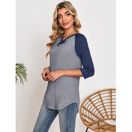 Halife 3/4 Sleeve Shirts for Women Trendy V Neck Summer Color Block Tops Loose Fit Baseball Tee Shirts Navy Blue L