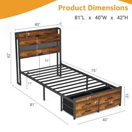 Zevemomo Twin Bed Frame with Storage Drawers, Twin Metal Bed Frame with LED Light and Charging Station, Heavy Duty Metal Slats, No Box Spring Needed, Rustic Brown