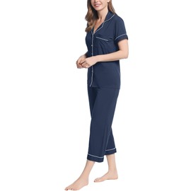 Joyaria Pajama Set for Women Soft Capri Button Up Cooling Pjs(Navy Blue,Medium)