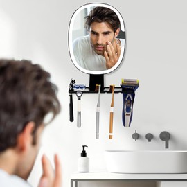 Espejo de ducha iluminado sin niebla para afeitar, 3 colores sin brillo luces regulables sin niebla espejo para ducha con soporte de maquinilla de afeitar, espejo de ducha recargable antivaho, espejo